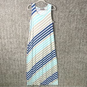 Chico’s Dress Women’s 1 / M / 8 Blue, Tan, and White Striped Sleeveless Maxi